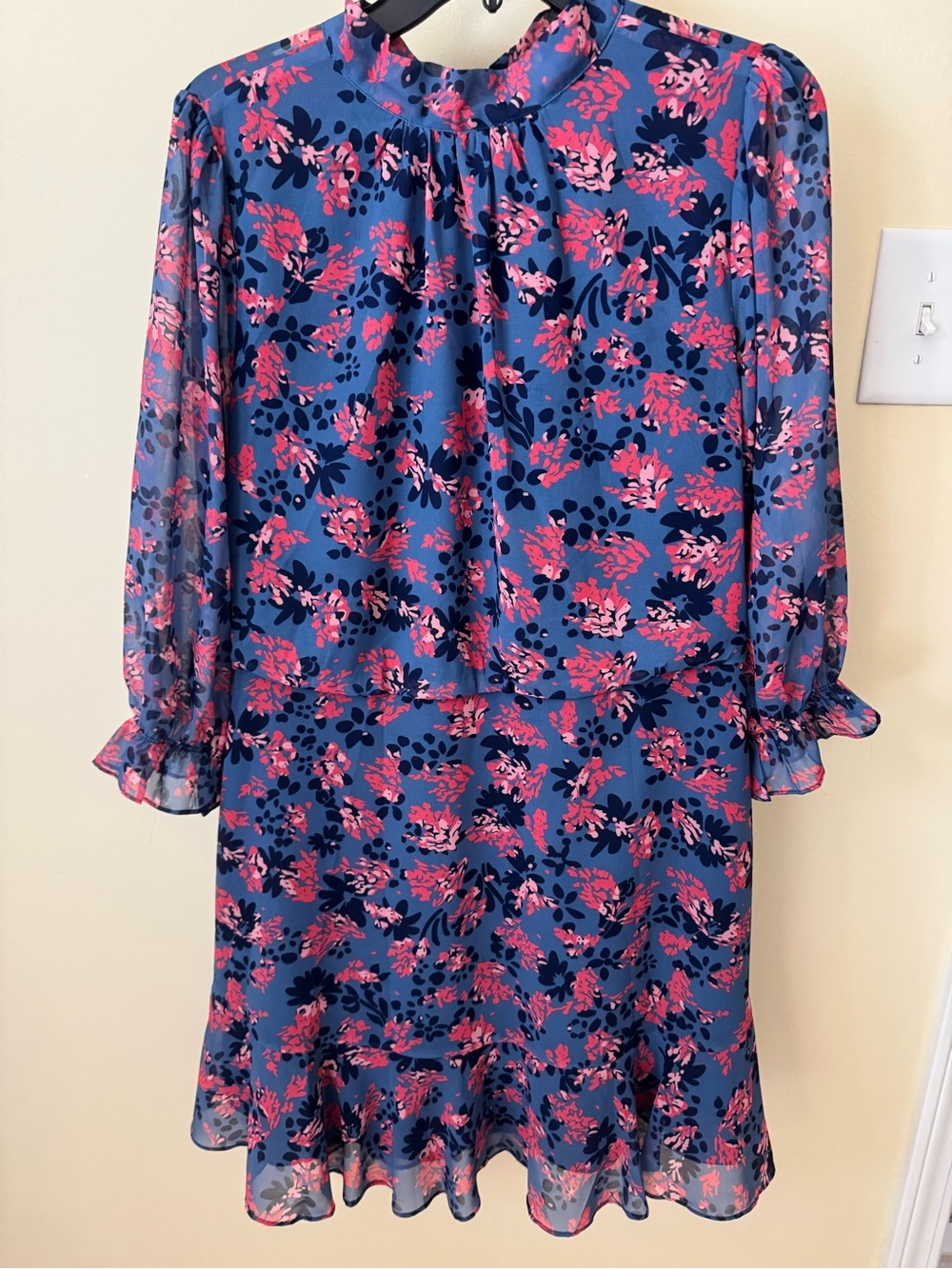 THML Navy Blue Floral Long Sleeve Ruffle-Hem Dress with Pink Print